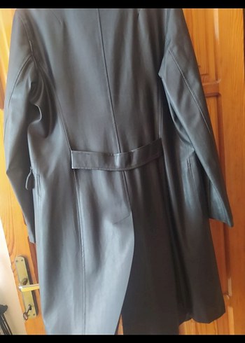 Düğmeli Uzun siyah Deri Kadın Ceketi - Görsel 6