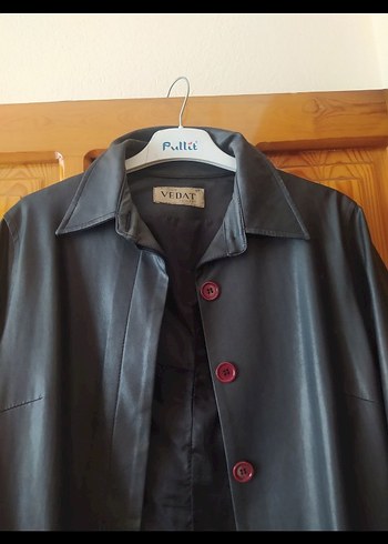 Düğmeli Uzun siyah Deri Kadın Ceketi - Görsel 2