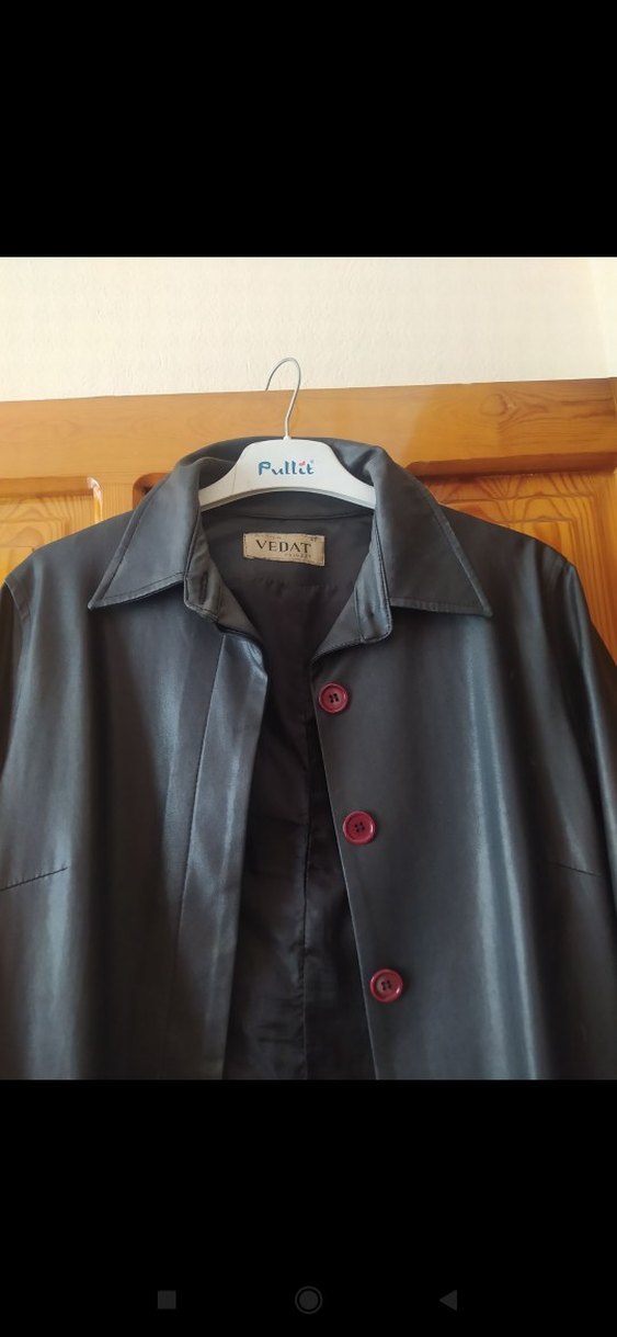 Düğmeli Uzun siyah Deri Kadın Ceketi - Görsel 2