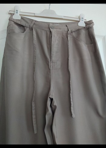 Kadın vizon renk Keten Kemerli Bol Paça Pantolon - Görsel 3