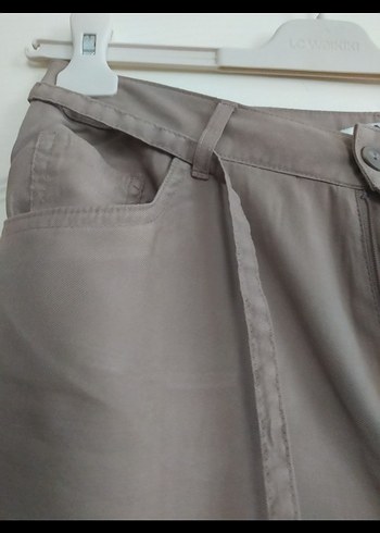 Kadın vizon renk Keten Kemerli Bol Paça Pantolon - Görsel 4