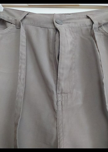 Kadın vizon renk Keten Kemerli Bol Paça Pantolon - Görsel 7