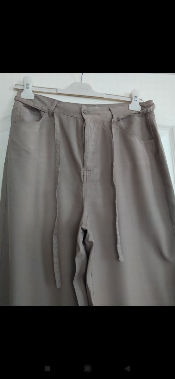 Kadın vizon renk Keten Kemerli Bol Paça Pantolon - Görsel 3