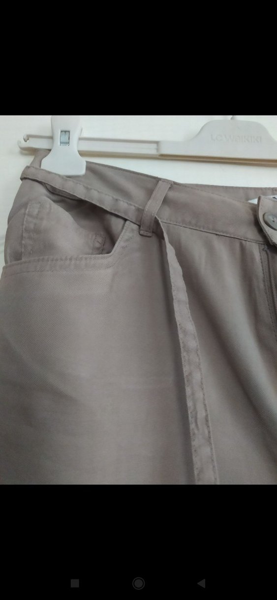 Kadın vizon renk Keten Kemerli Bol Paça Pantolon - Görsel 4