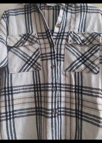 Kadın krem ve siyah kareli Pamuklu Düğmeli Uzun Kollu Gömlek - Görsel 2