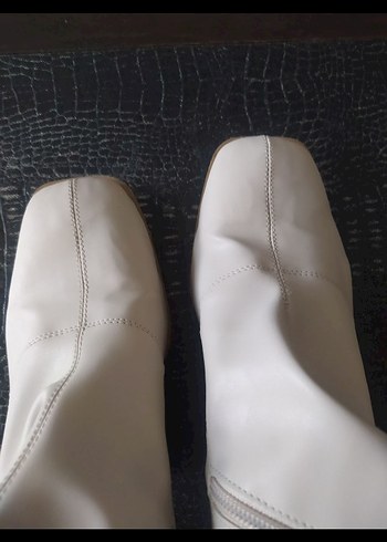 Beyaz Deri Kadın Bot,  Kalın Topuklu - Görsel 7