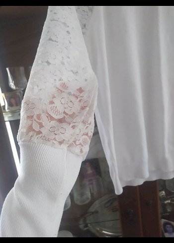 Dantel Detaylı Beyaz Pamuklu Uzun Kollu Bluz - Görsel 2