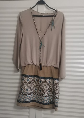 Etnik Desenli Zincir Detaylı Bohem Mini Elbise