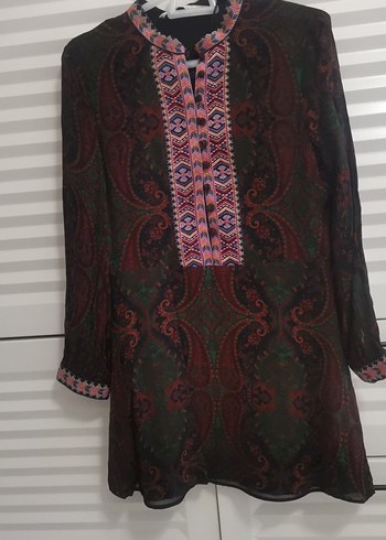 Bohem Uzun Kollu V Yakalı Desenli Tunik