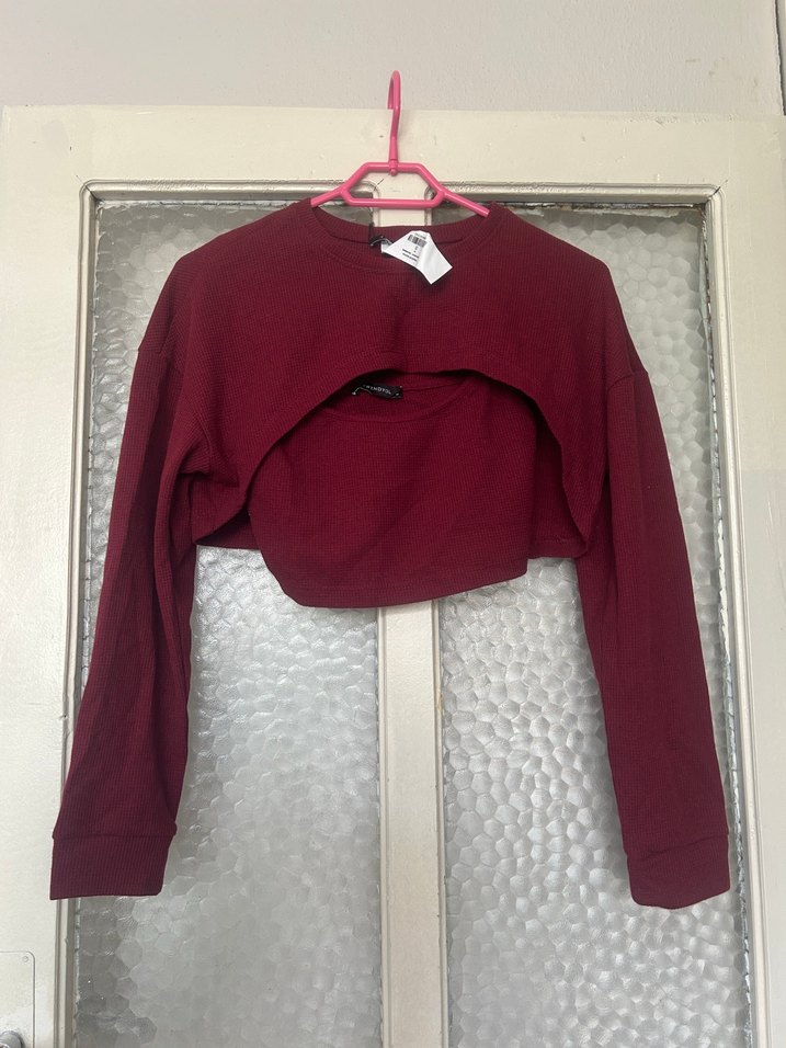 Bordo Kız Çocuk Straplez Crop ve Bolero Takım - Görsel 2