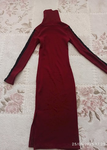 Bordo Yüksek Yakalı Triko Uzun Elbise
