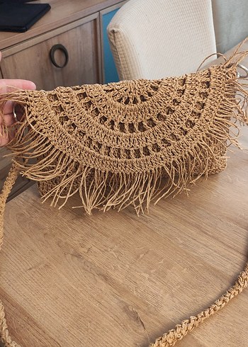 Püsküllü Bej Örgü Bohem Kadın Clutch Çanta