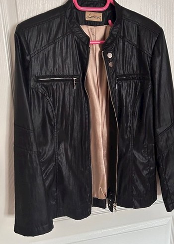 Siyah Deri görünümlü Fermuarlı Kadın Ceket - Görsel 2