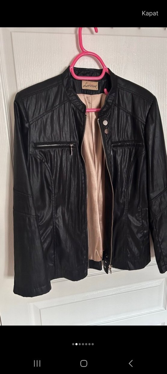 Siyah Deri görünümlü Fermuarlı Kadın Ceket - Görsel 2