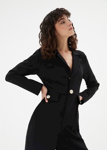 ADL Düğmeli Siyah Kadın Uzun Kollu Tulum - Görsel 3