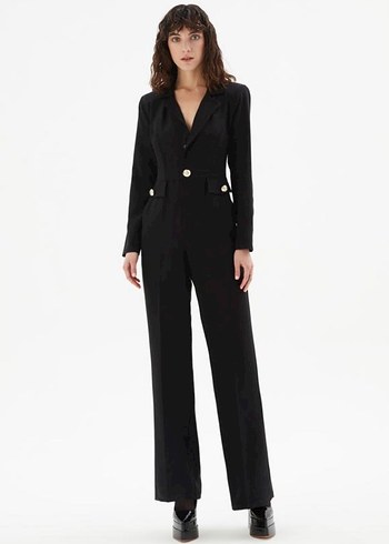 ADL Düğmeli Siyah Kadın Uzun Kollu Tulum - Görsel 2