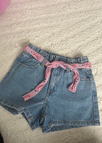 Kadın Pembe Kuşaklı Mini Kot Şort - Görsel 2