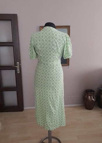 s Beden Yeşil V Yaka Düğmeli Uzun Bohem Elbise