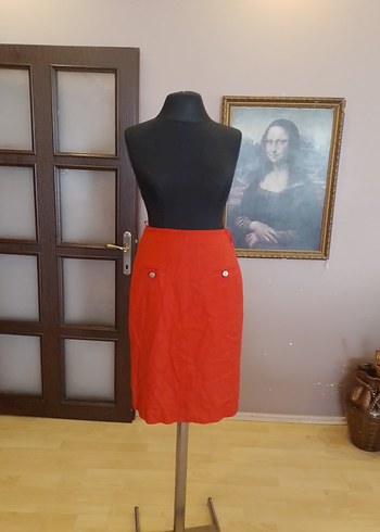 Kırmızı Düğmeli Midi  Keten Etek - Görsel 6