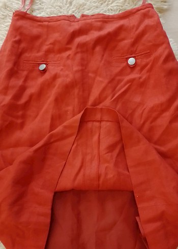 Kırmızı Düğmeli Midi  Keten Etek - Görsel 3