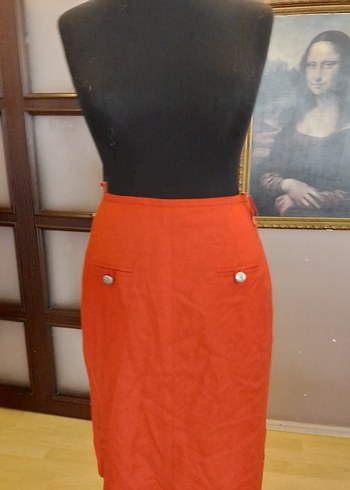 Kırmızı Düğmeli Midi  Keten Etek - Görsel 5