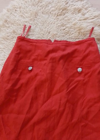 Kırmızı Düğmeli Midi  Keten Etek - Görsel 2