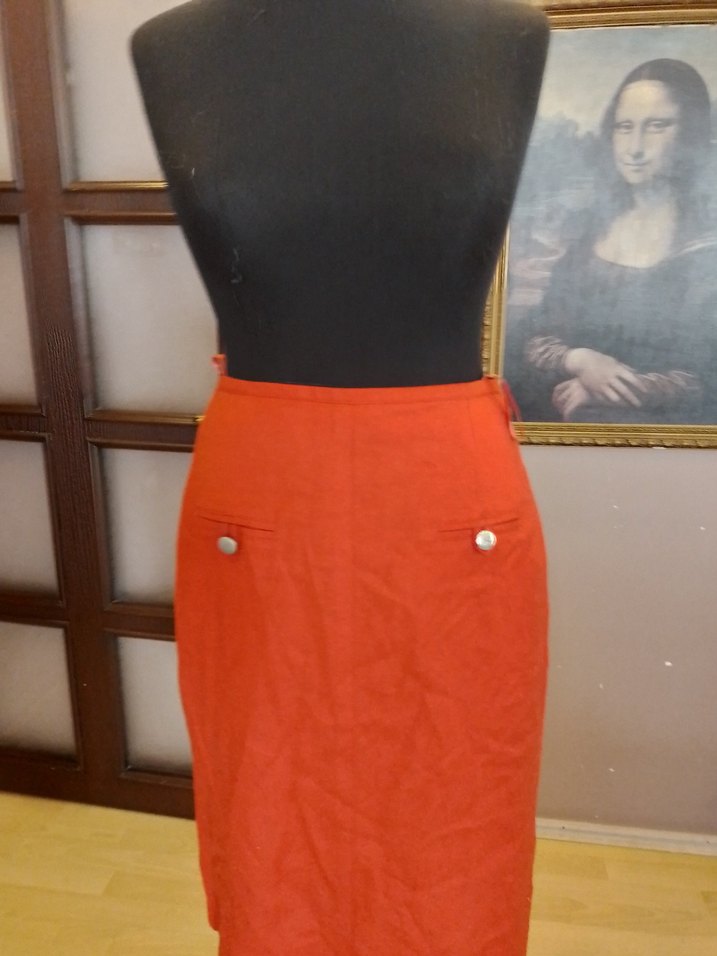 Kırmızı Düğmeli Midi  Keten Etek - Görsel 5