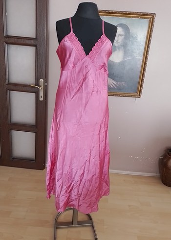 Uzun, V Yaka, İnce Askılı Pembe Kadın kombinezom