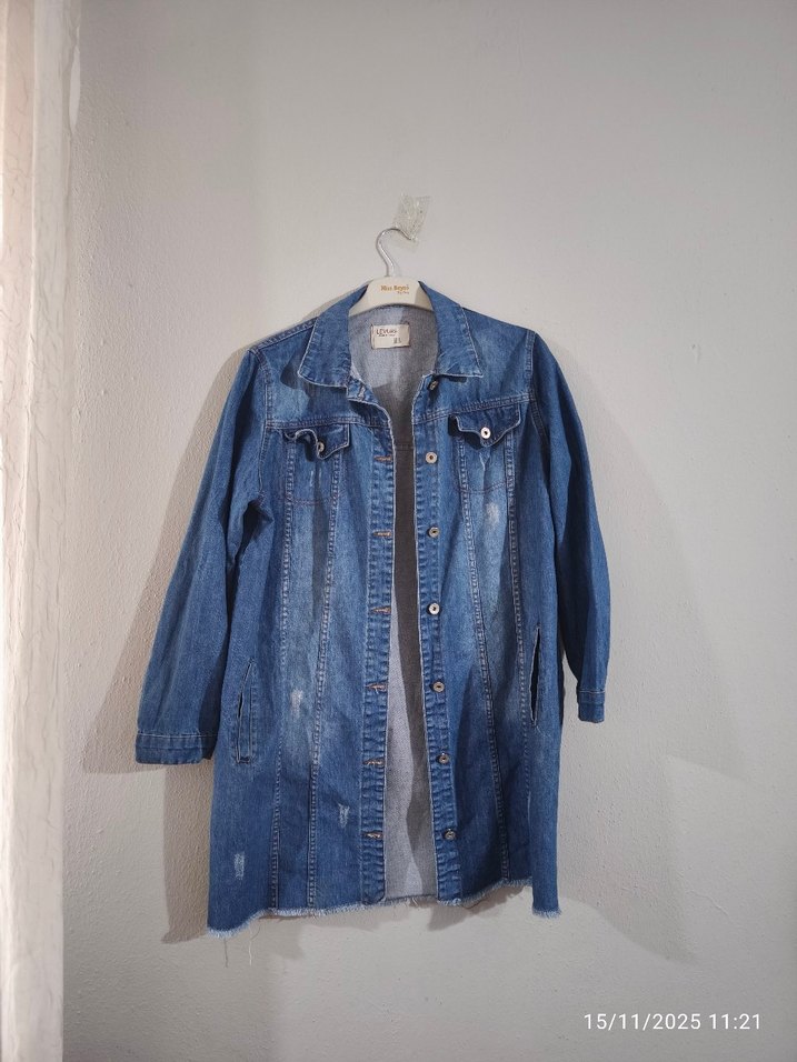 Düğmeli Mavi Kadın Denim Ceket - Görsel 4