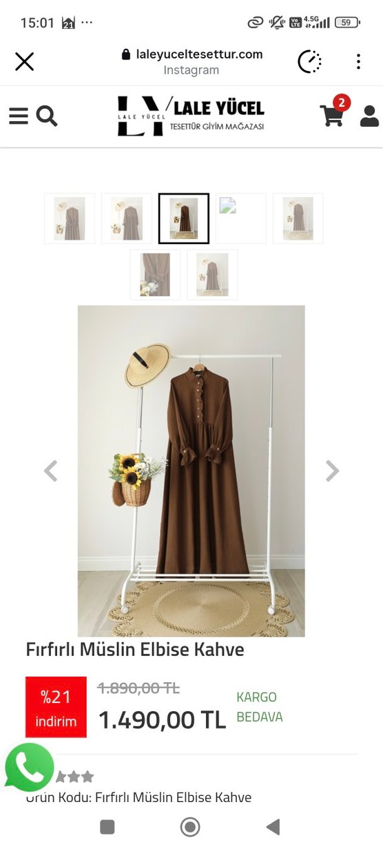 Kadın Kahverengi Uzun Keten Elbise - Görsel 3