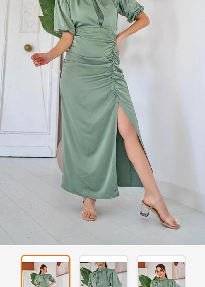 Saten büzgülü yırtmaçlı elbise  - Görsel 2