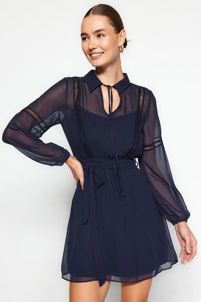 MİLLA Lacivert Yaka Detaylı Astarlı Şifon Dokuma Elbise - Görsel 2