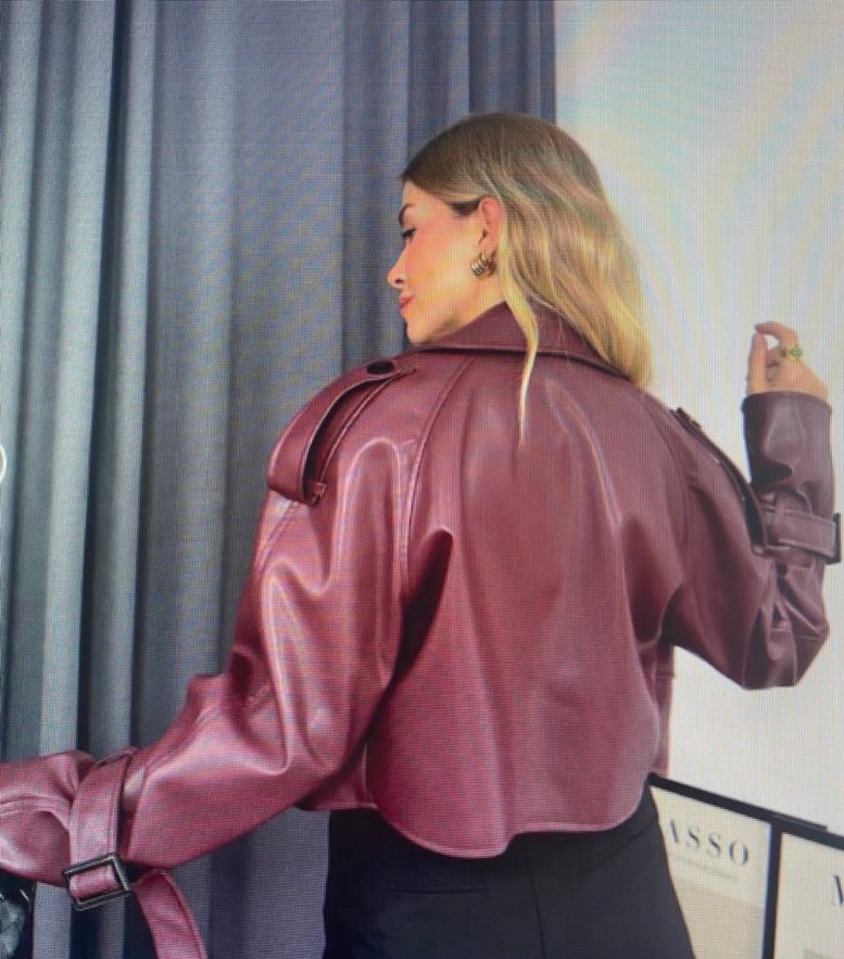 Bordo Kemer Detaylı Crop Deri Ceket - Görsel 4