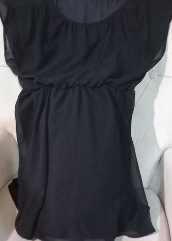 Siyah belden lastikli yuvarlak Yaka mini Kadın Elbise krep şifon - Görsel 3