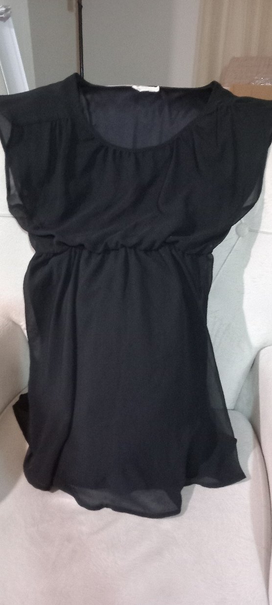 Siyah belden lastikli yuvarlak Yaka mini Kadın Elbise krep şifon - Görsel 3