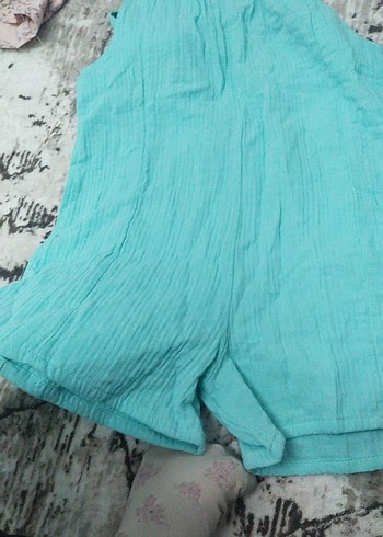 Kızlar için Turkuaz Keten Volanlı Tulum - Görsel 3