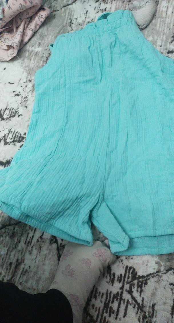 Kızlar için Turkuaz Keten Volanlı Tulum - Görsel 3