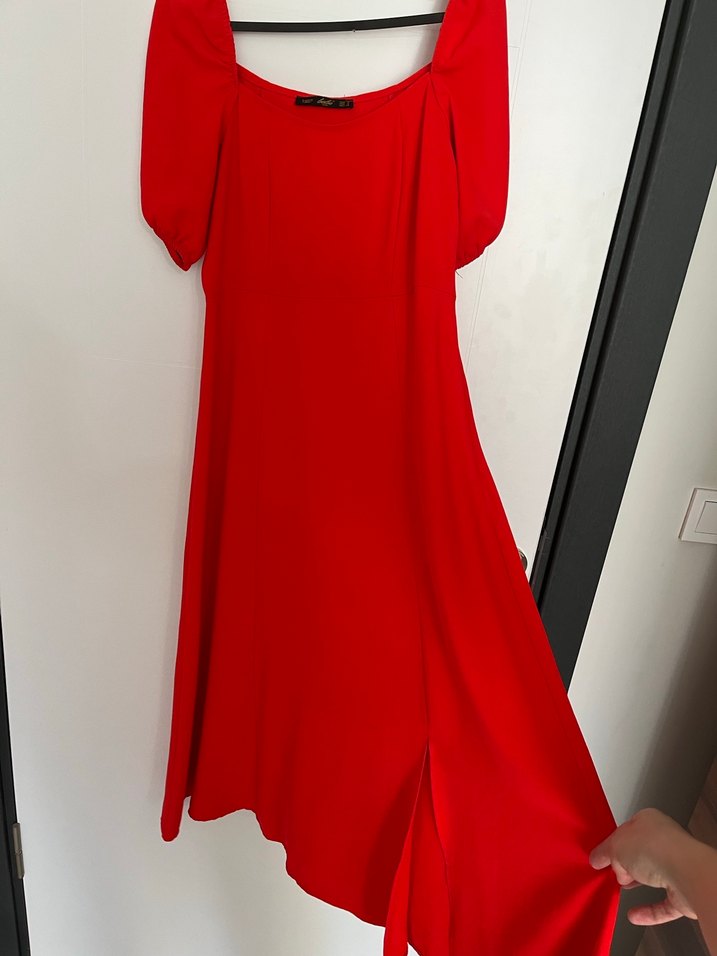 Kırmızı Uzun Drapeli Kadın Elbise - Görsel 2