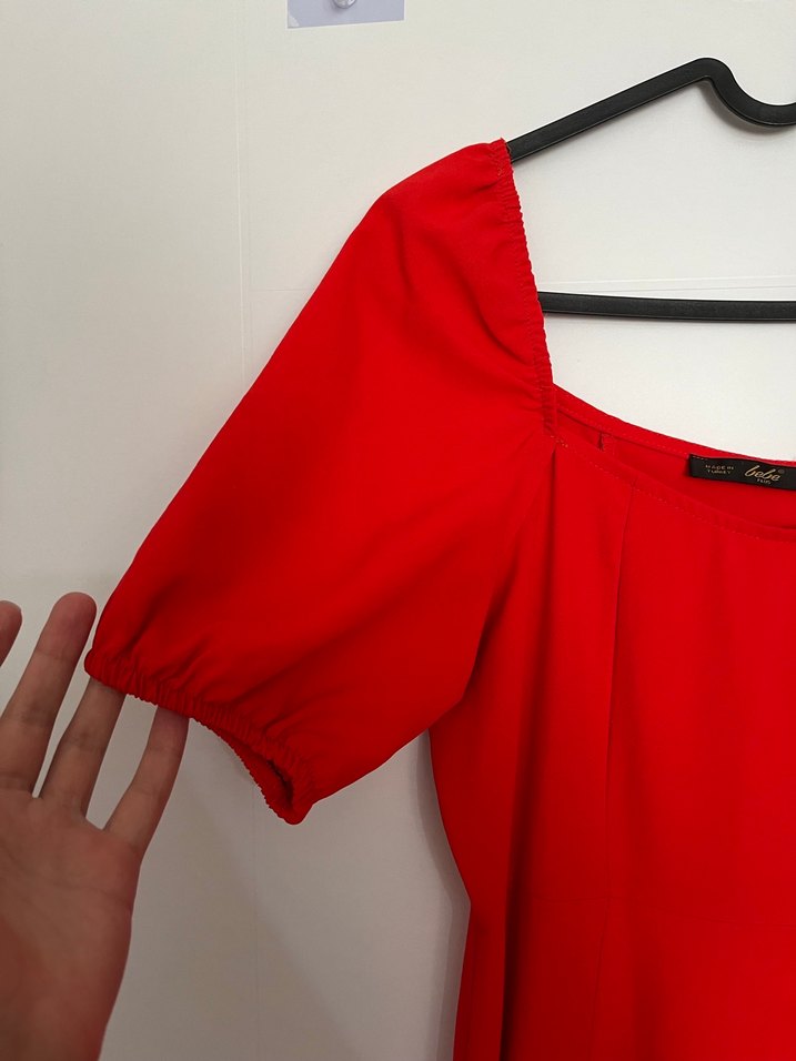 Kırmızı Uzun Drapeli Kadın Elbise - Görsel 4