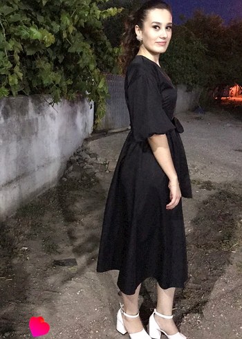 Siyah V Yaka midi Kadın Elbise - Görsel 6