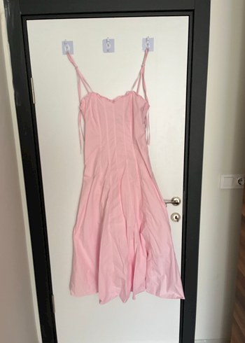 Pudra Pileli Midi İp Askılı Elbise - Görsel 2