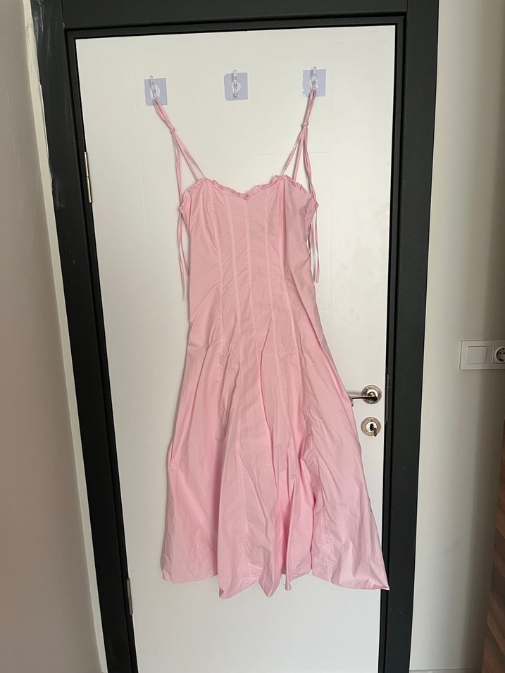 Pudra Pileli Midi İp Askılı Elbise - Görsel 3