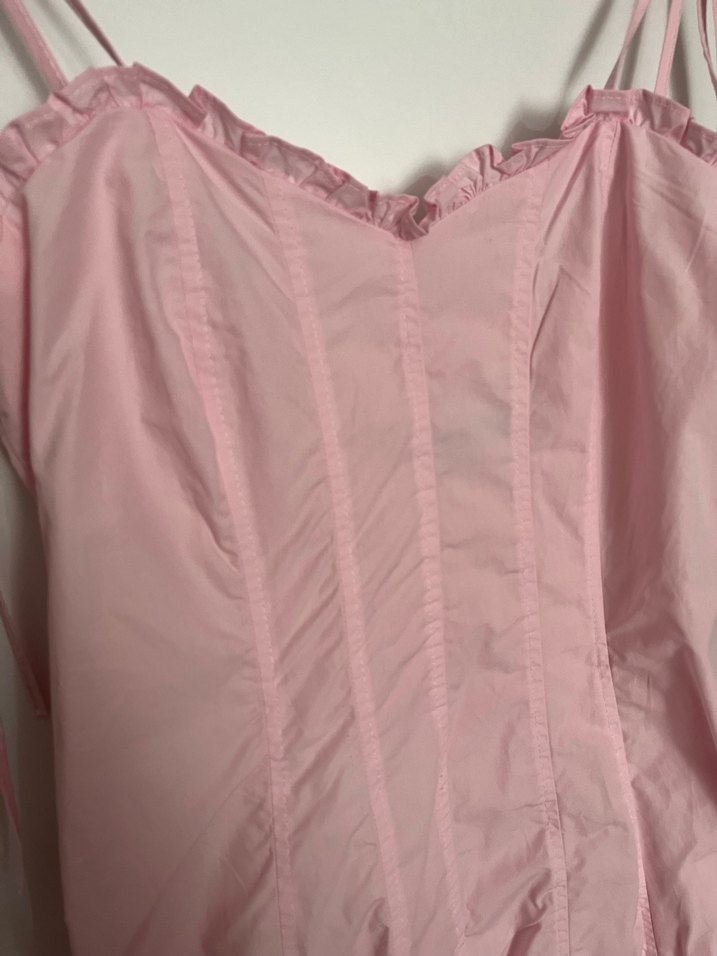 Pudra Pileli Midi İp Askılı Elbise - Görsel 4