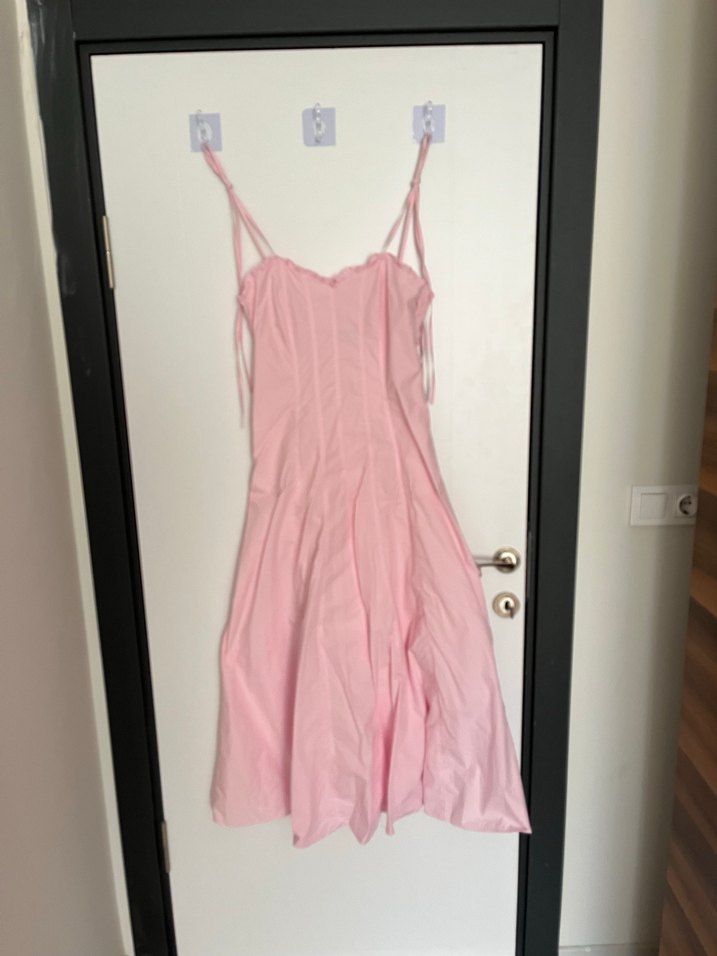 Pudra Pileli Midi İp Askılı Elbise - Görsel 2