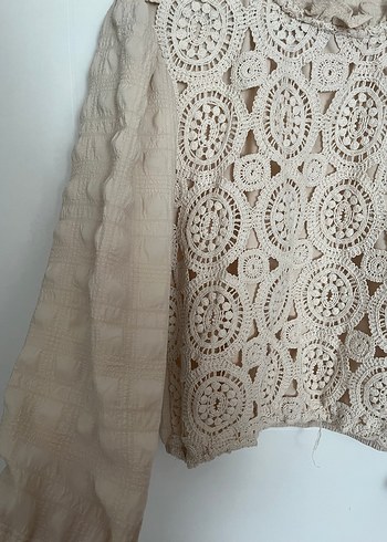 Bej Dantel İşlemeli Bohem Kadın Bluz - Görsel 3