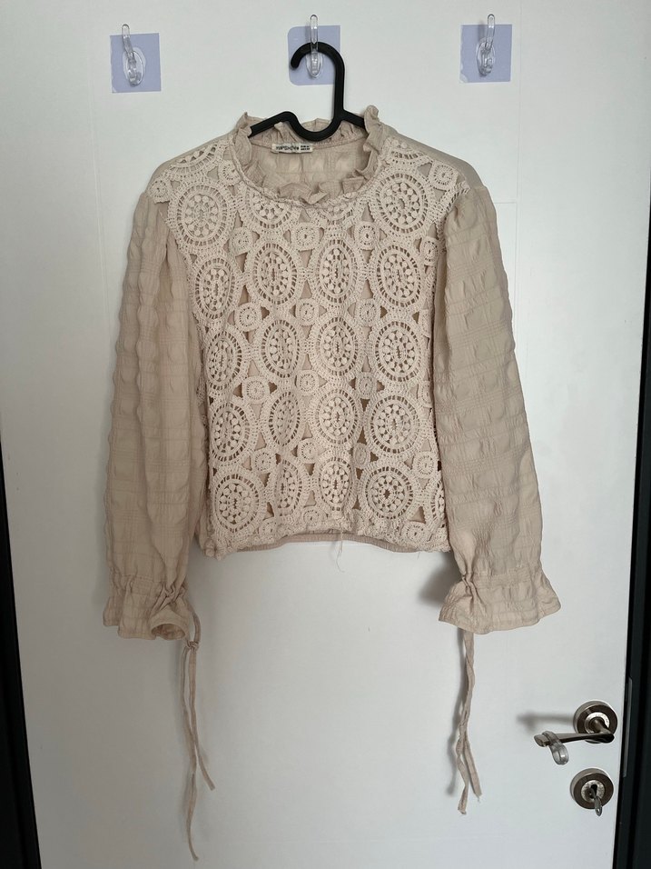 Bej Dantel İşlemeli Bohem Kadın Bluz - Görsel 2