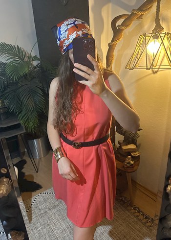 Pembe Midi Halter Yaka Salaş Elbise