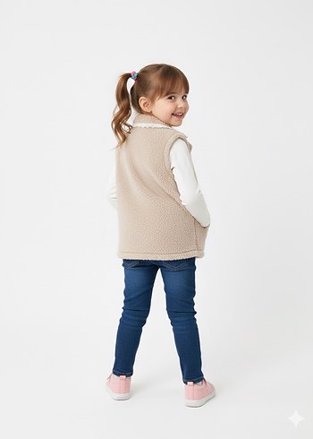 Kızlar için V Yaka Örgü Bej Yelek - Görsel 2