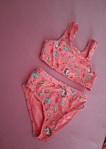 Kız Çocuk Renkli Baskılı Pembe Bikini - Görsel 5