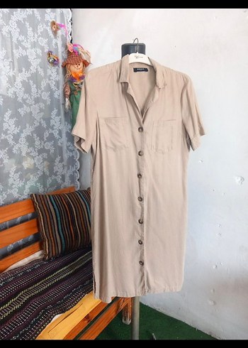 Bej Keten Düğmeli Kısa Kollu Gömlek Elbise